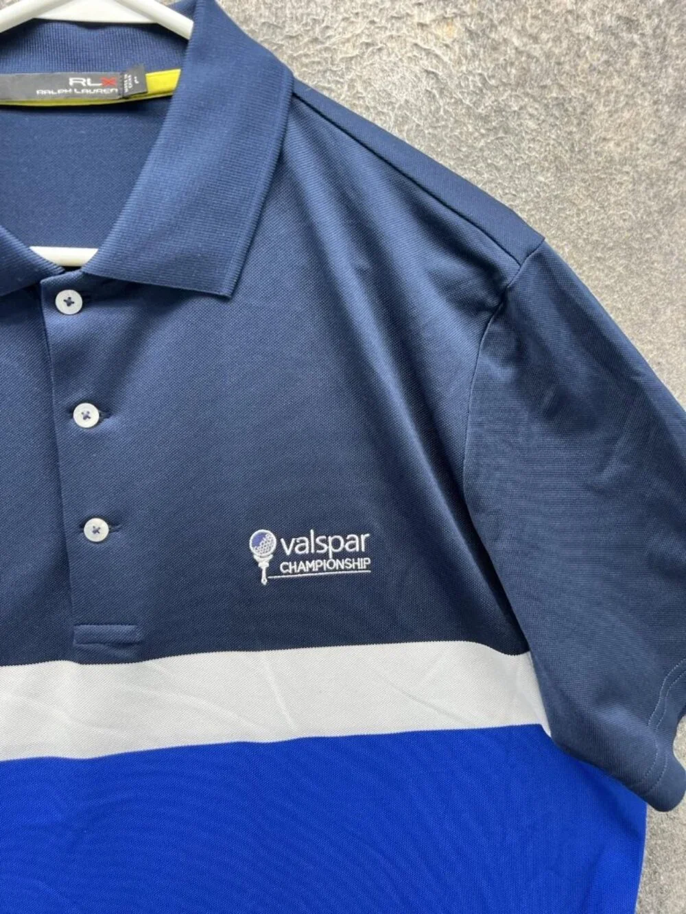 RLX Ralph Lauren Polo Shirt Men Large Blue Colorblock Valspar Championship Golf